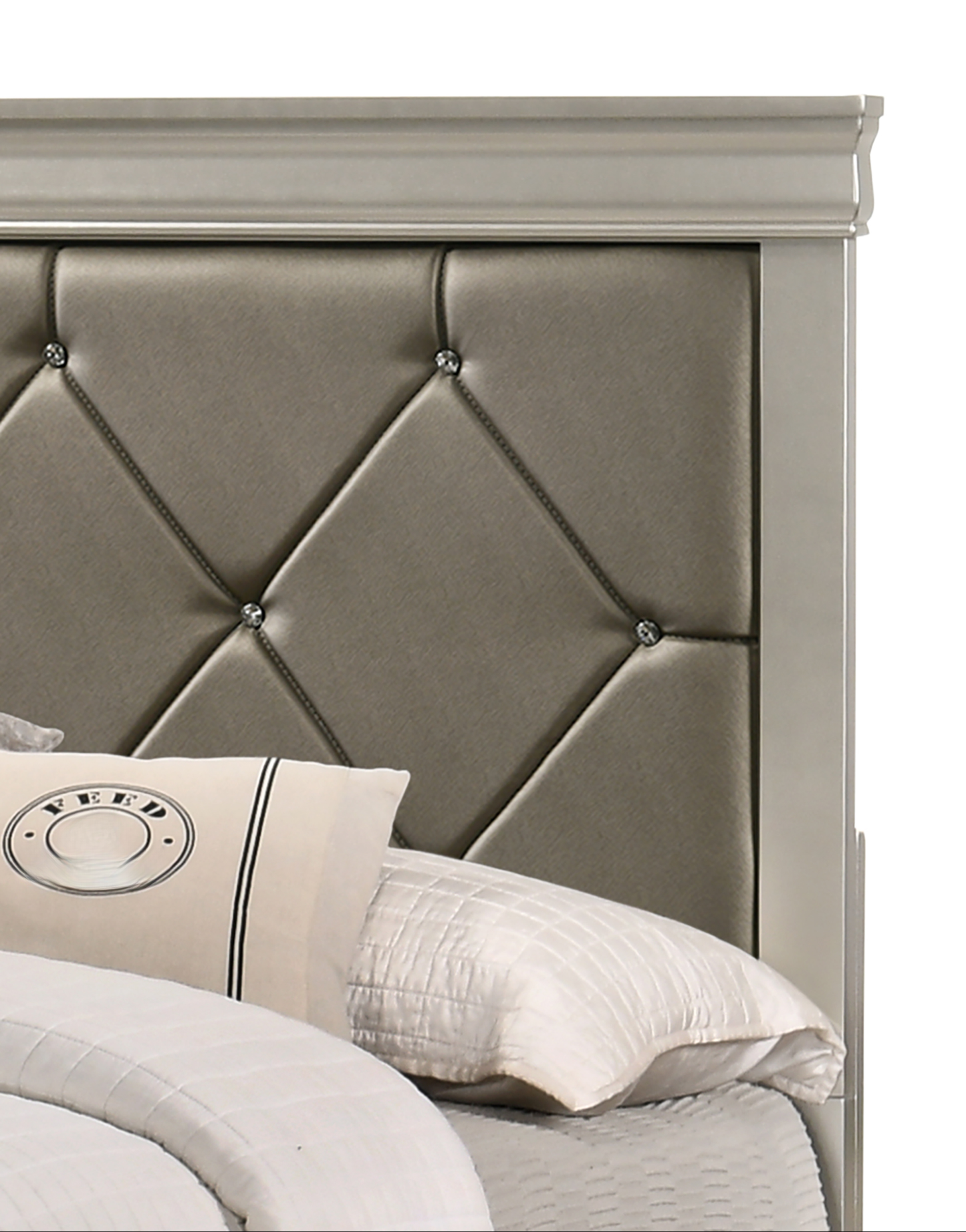 Taupe velvet headboard with crystal tufting and silver frame
