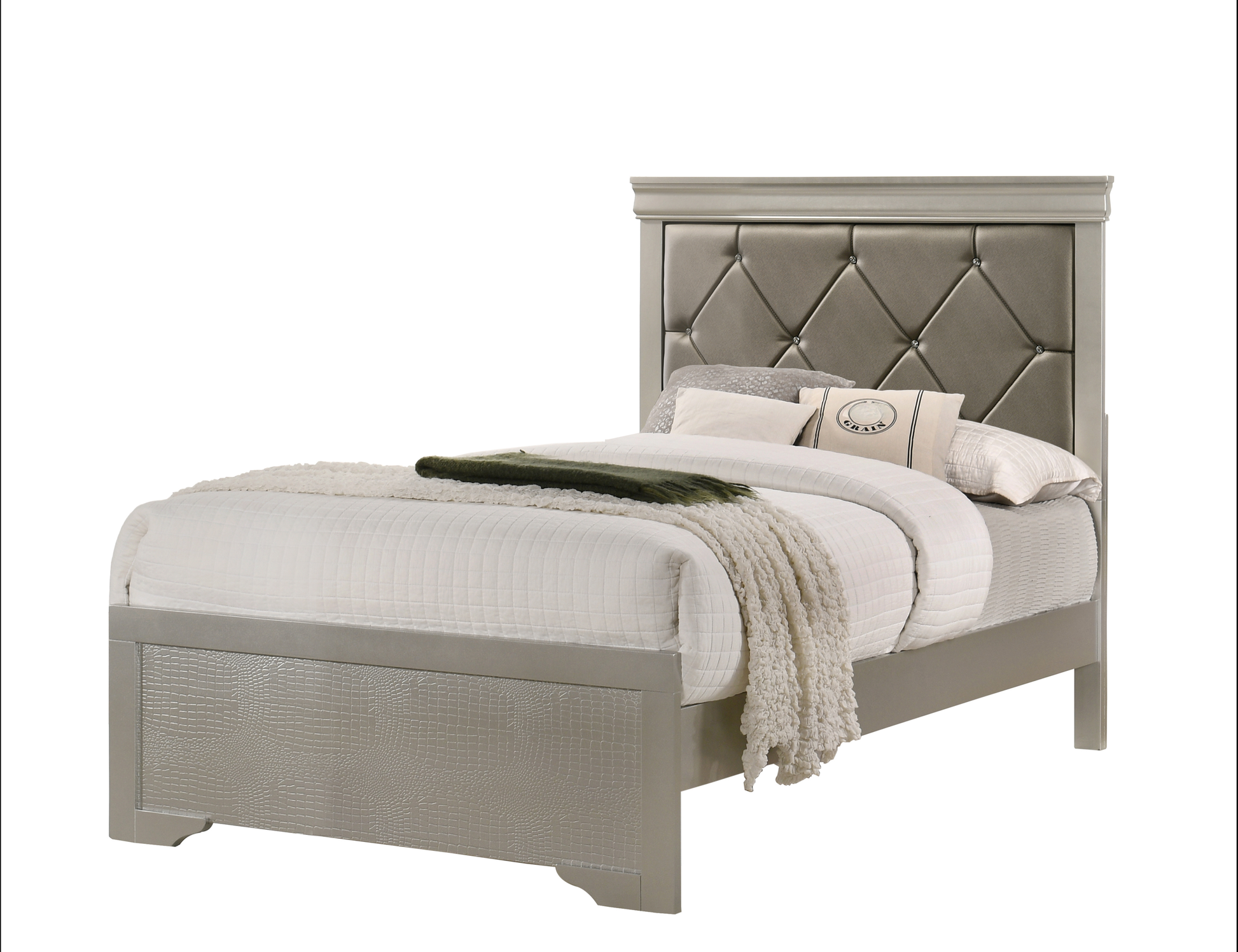 Silver tufted headboard bed frame with crocodiletextured side panels