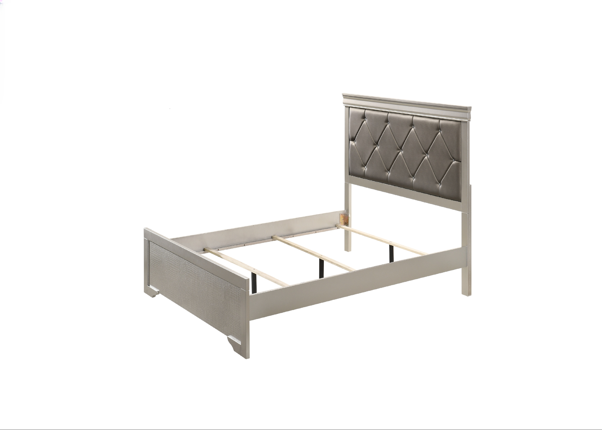 Grey tufted headboard bed frame with faux crocodile texture on side rails