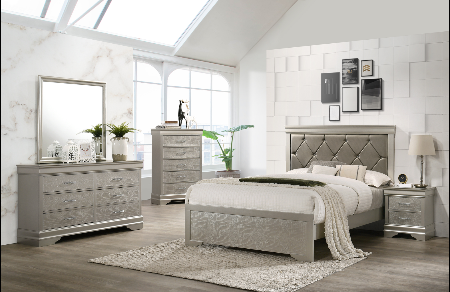 Modern gray upholstered bed frame with textured headboard and footboard
