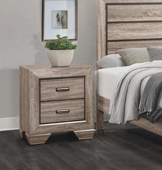 Rustic oak twodrawer nightstand with brushed nickel pulls