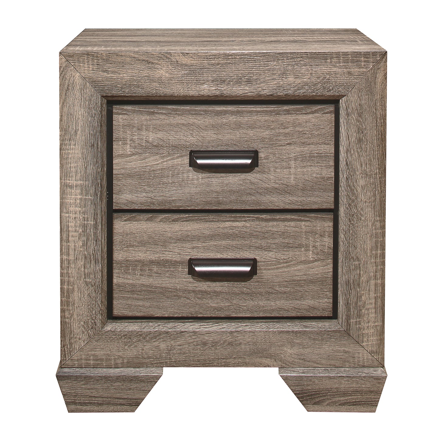 Distressed wood twodrawer nightstand with brushed nickel handles
