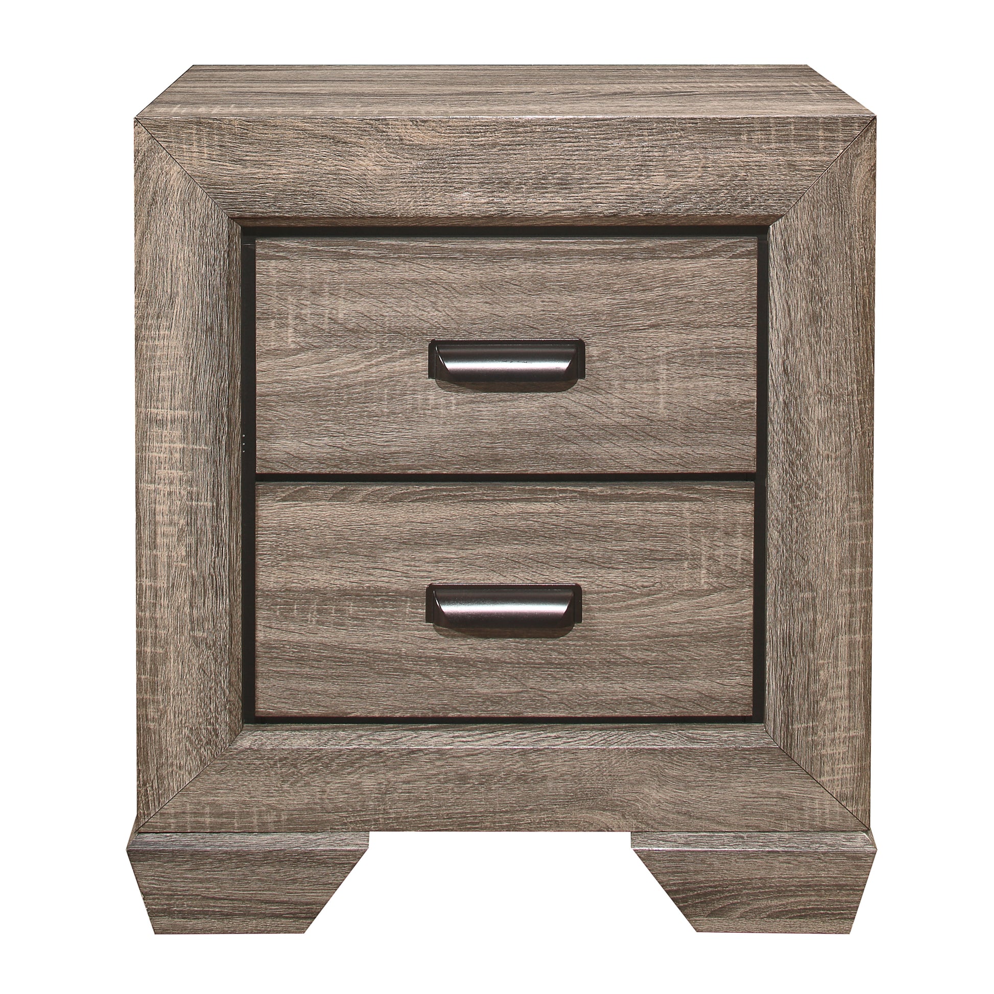 Distressed wood twodrawer nightstand with brushed nickel handles