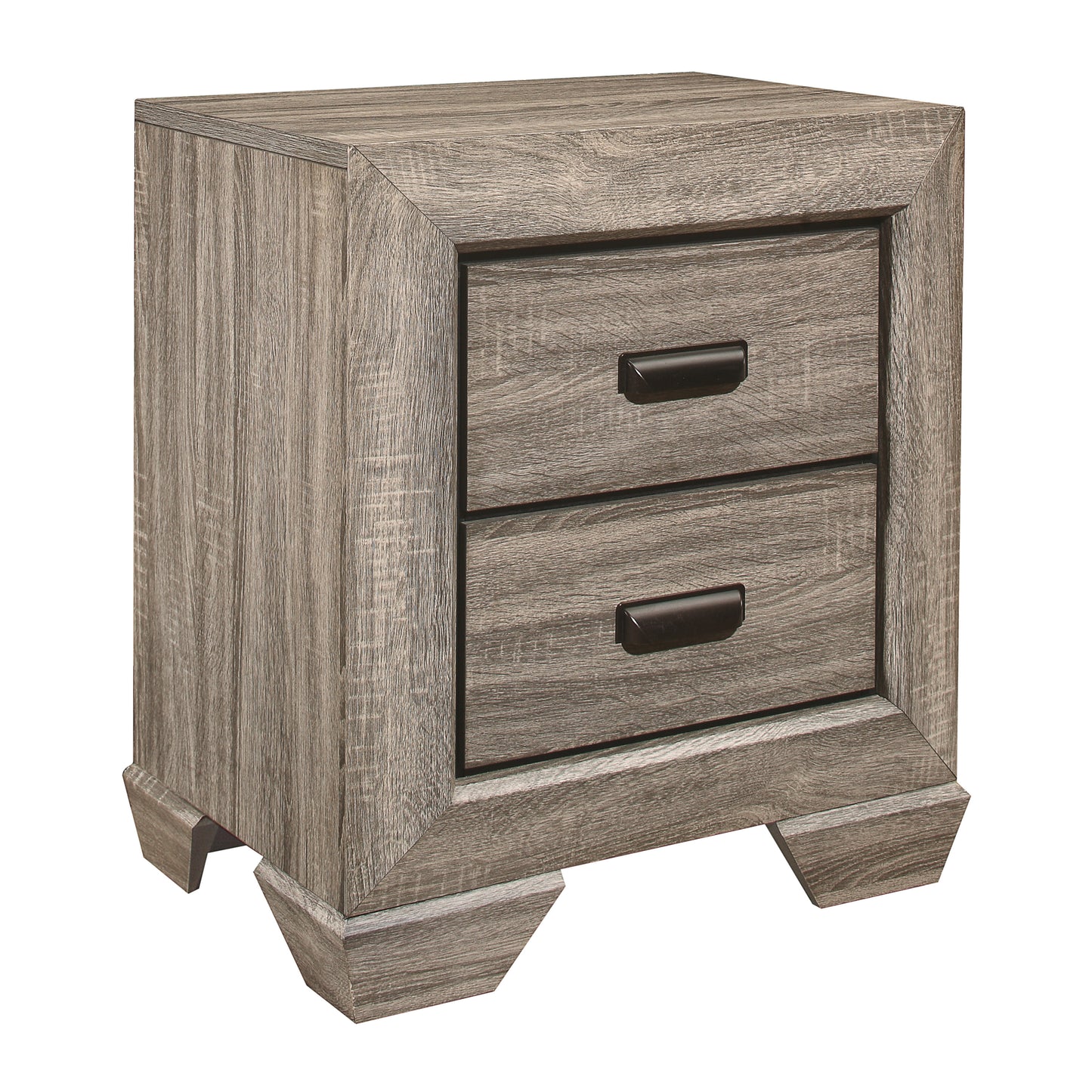 Rustic wood finish nightstand with two drawers and dark metal pulls