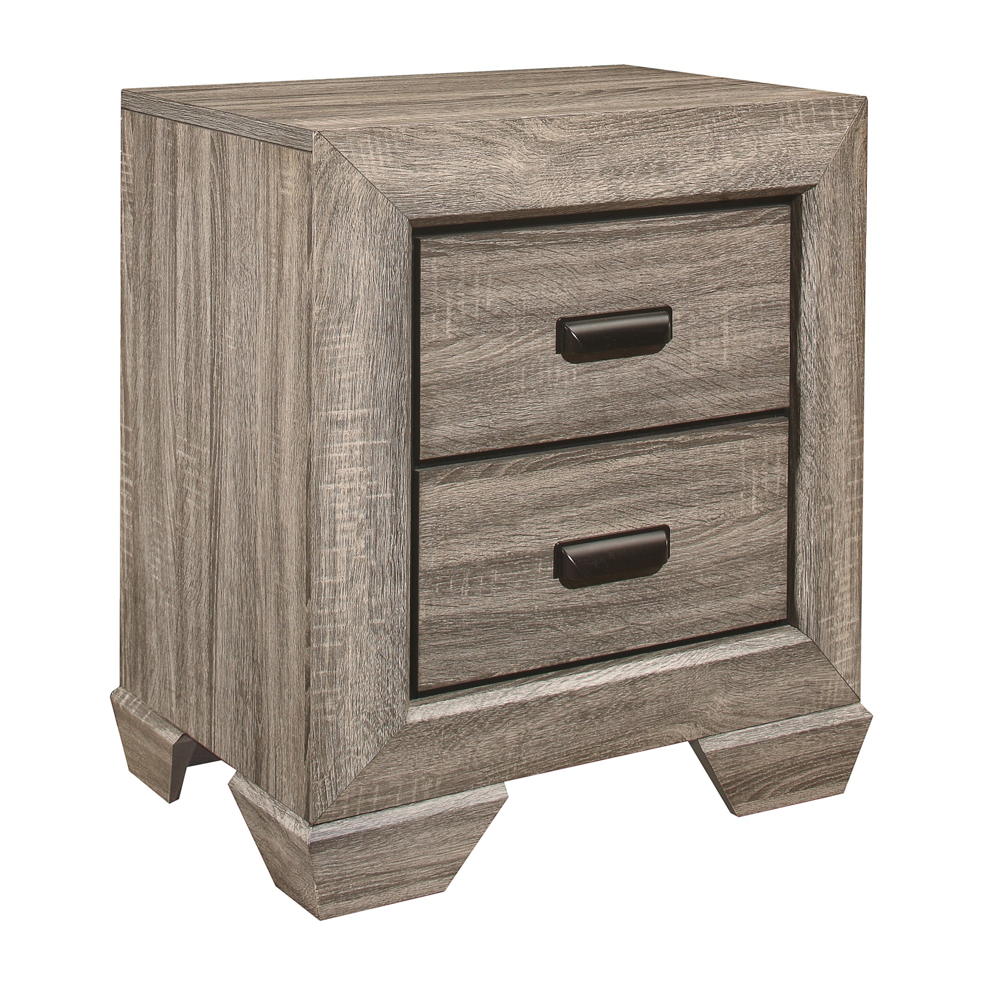 Rustic wood finish nightstand with two drawers and dark metal pulls