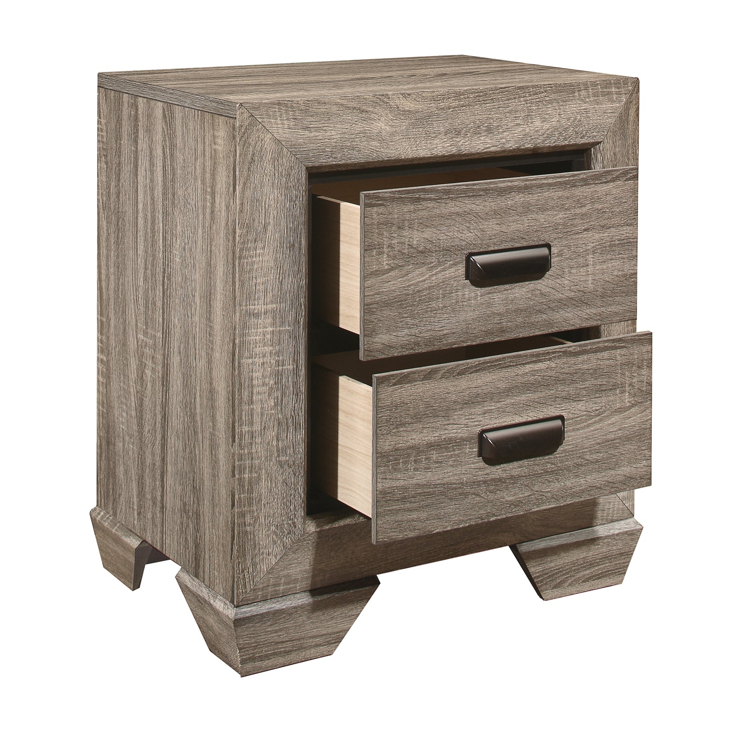 Rustic wood grain nightstand with two open drawers and dark handles