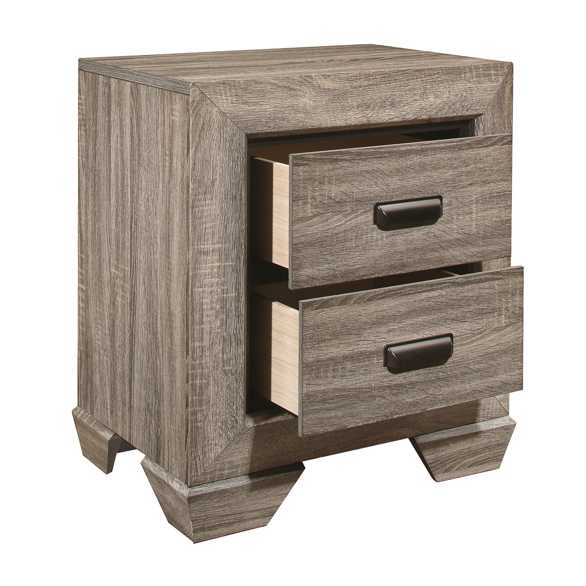 Rustic wood grain nightstand with two open drawers and dark handles