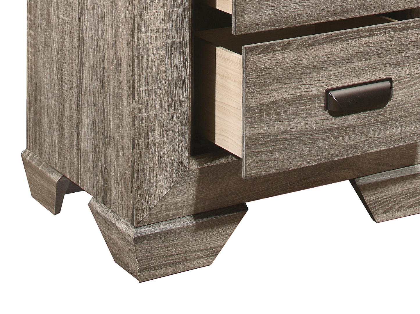 Closeup of rustic gray wood veneer dresser drawer and carved leg
