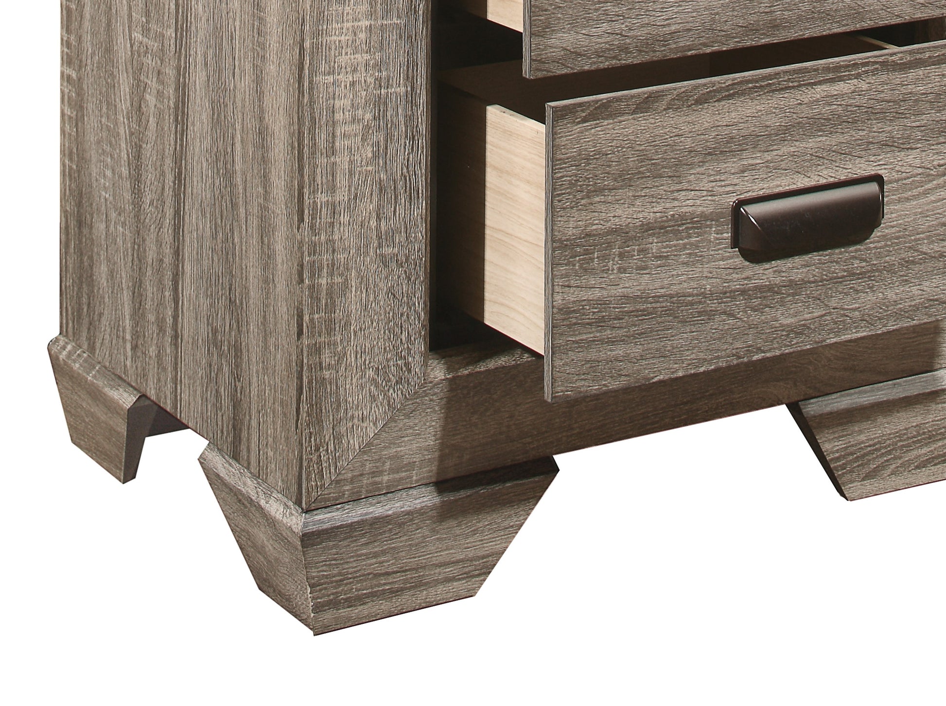 Closeup of rustic gray wood veneer dresser drawer and carved leg