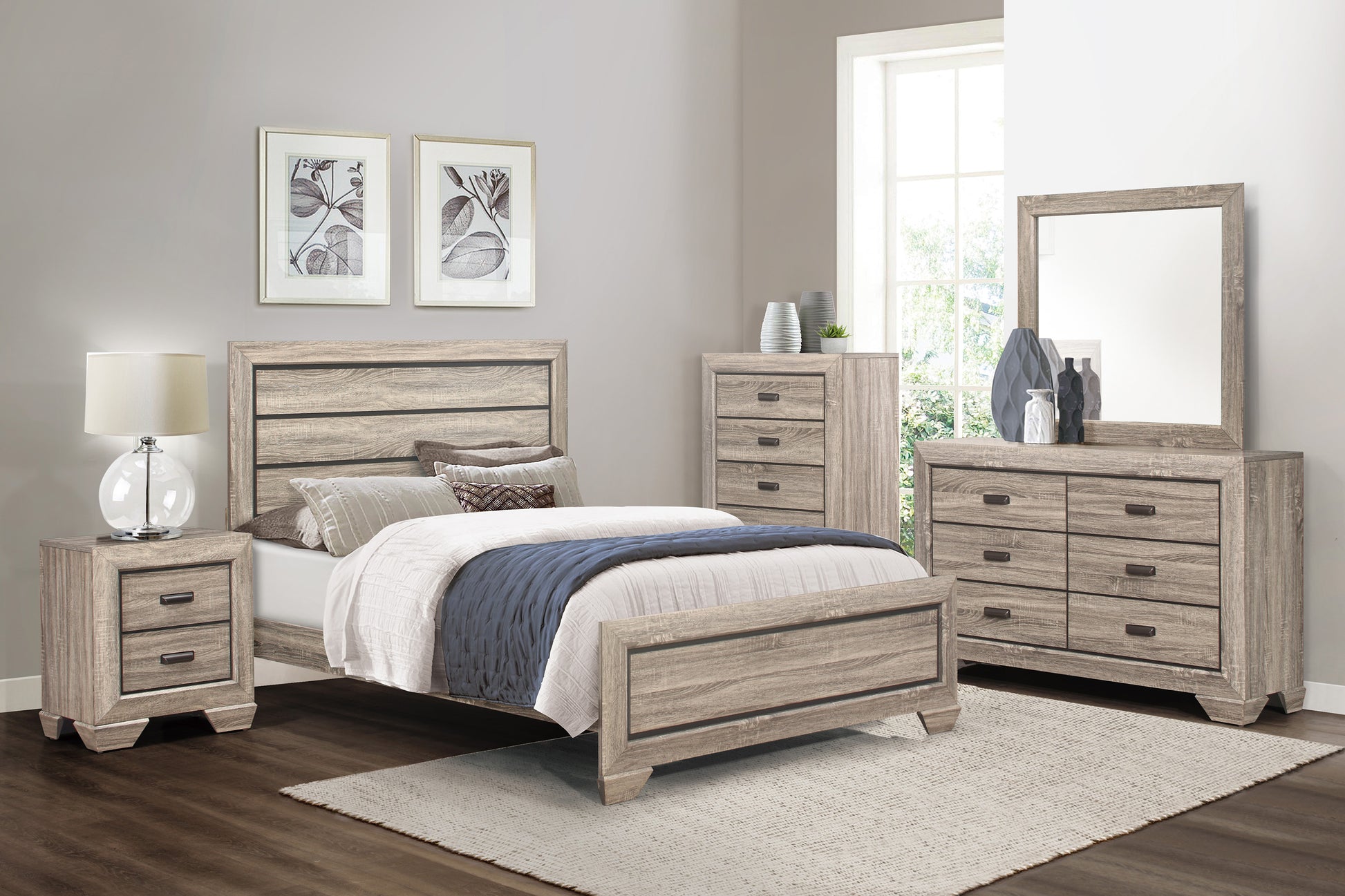 Rustic wood twin bed with blue and white bedding and a matching nightstand