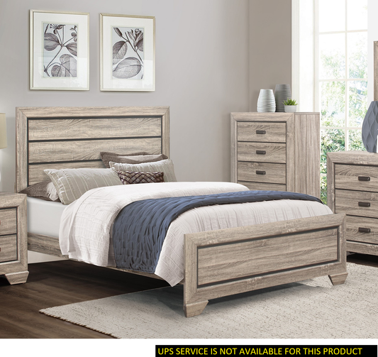 Rustic wood queen bed frame with grey accents and upholstered headboard