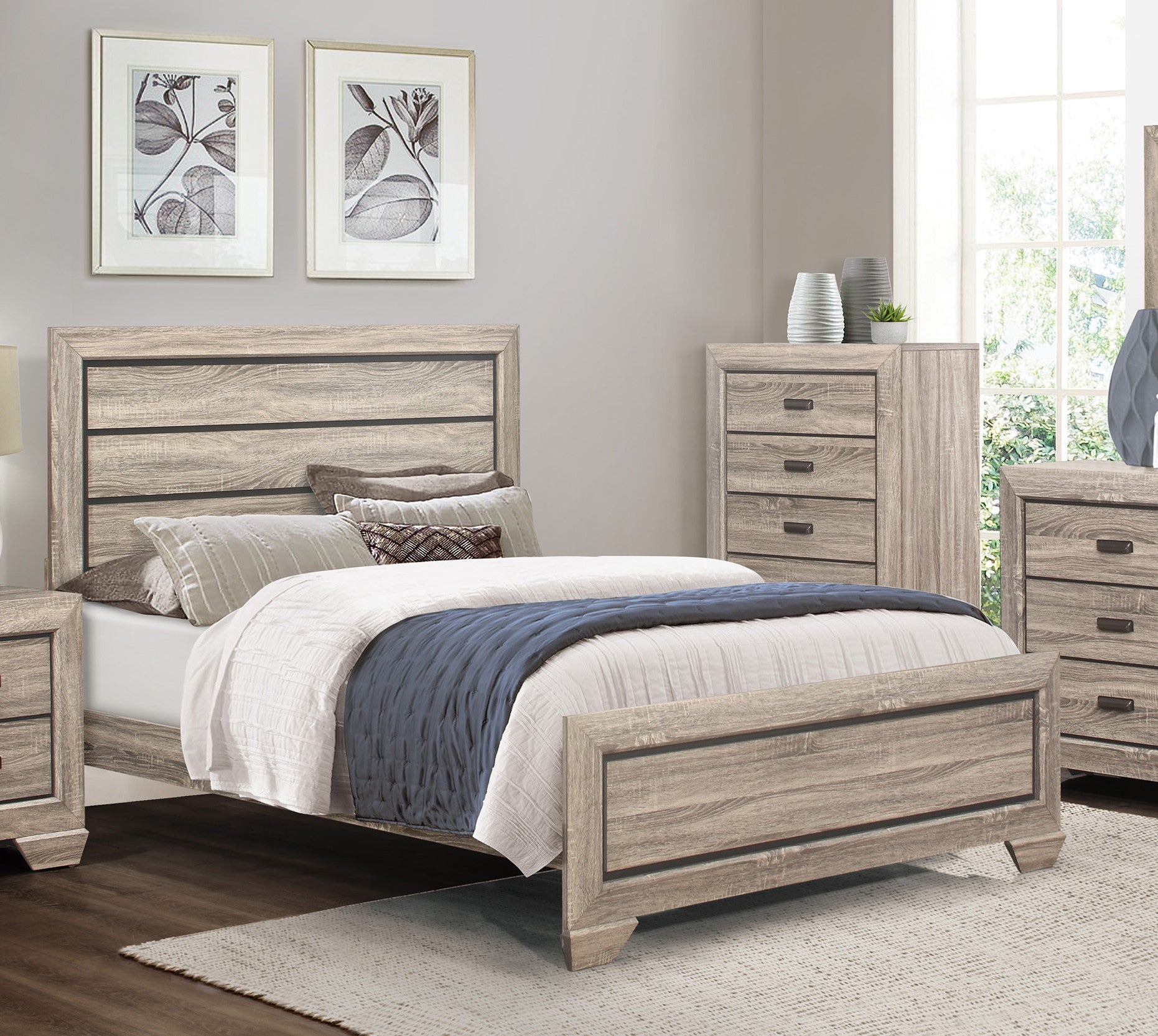 Rustic wood queen bed frame with horizontal headboard