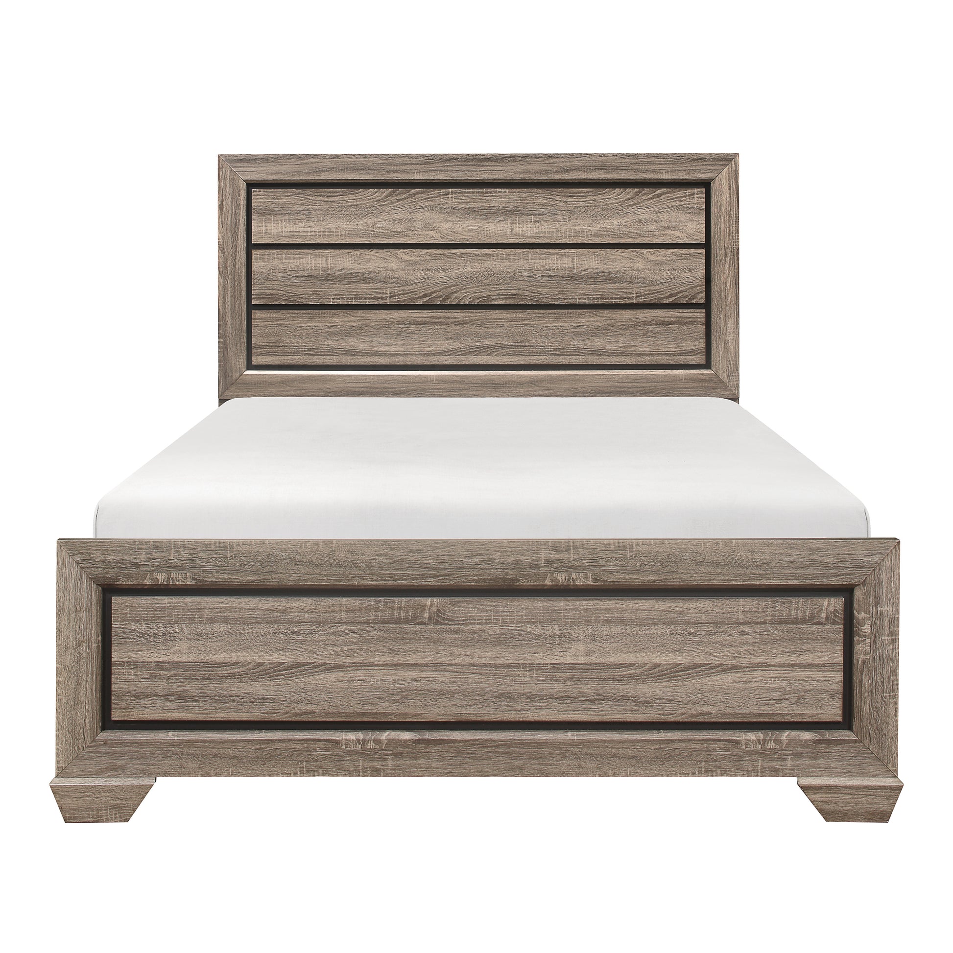 Modern grey wood queen bed frame with horizontal slatted headboard and footboard
