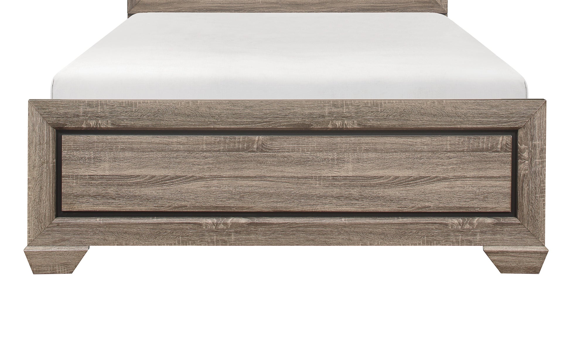 Rustic gray wood queen bed frame with white mattress
