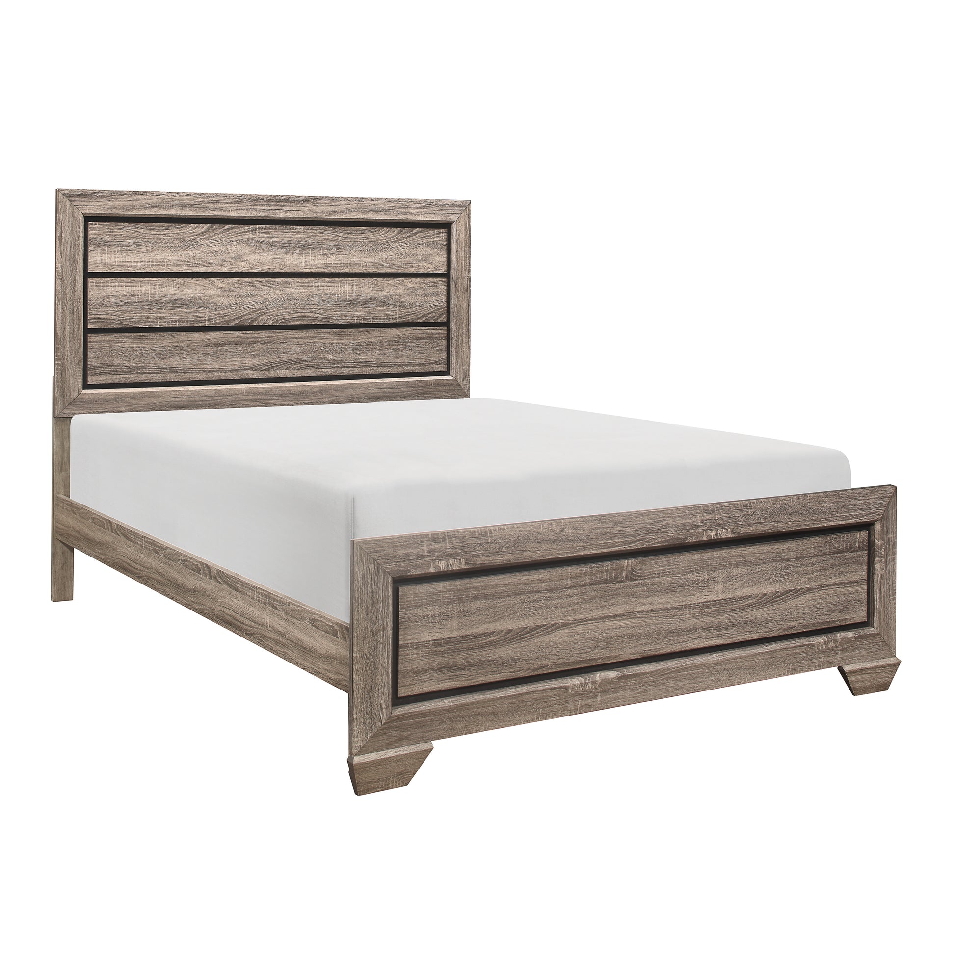 Rustic brown wood plank bed frame with a white mattress