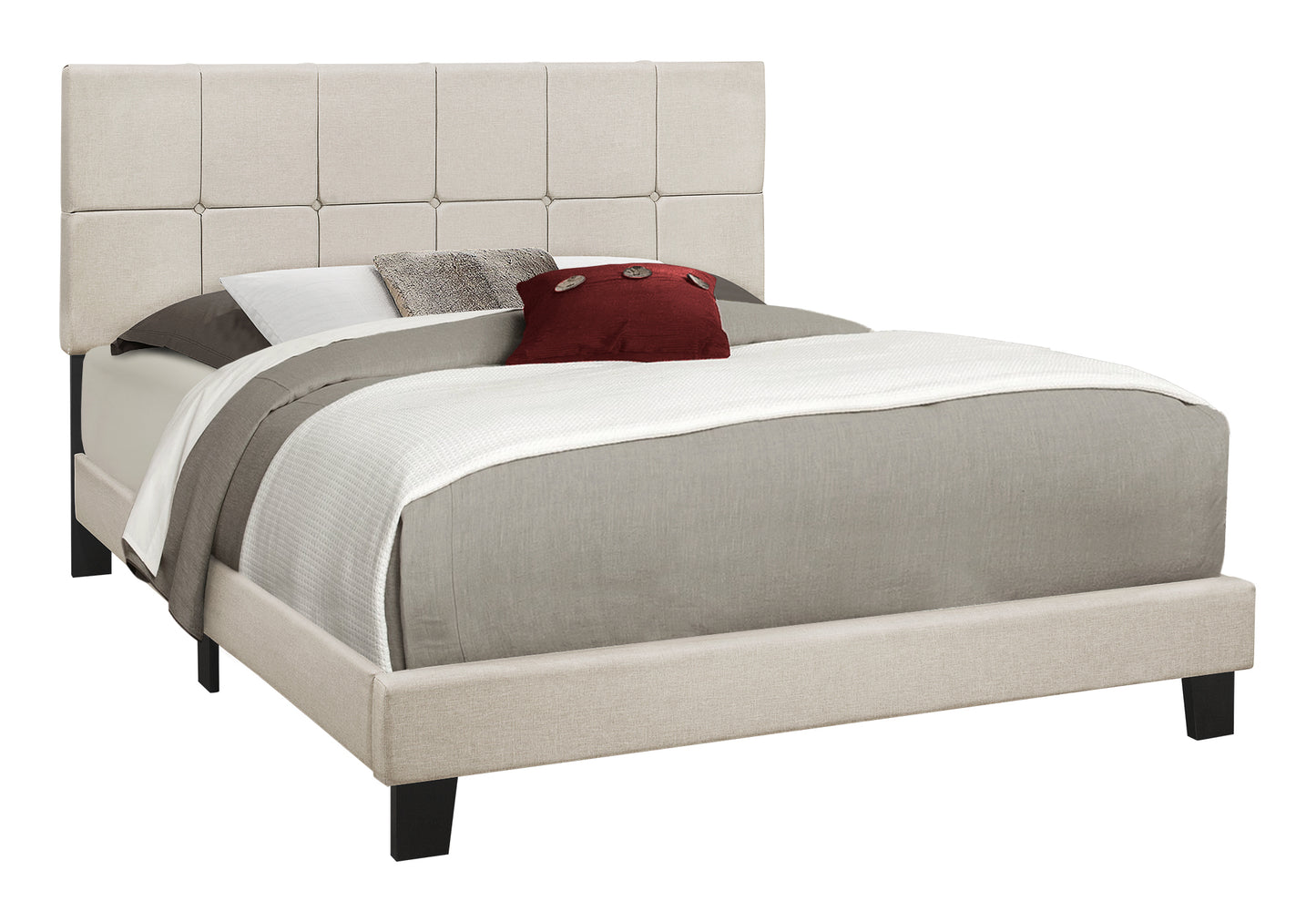 Beige upholstered platform bed with tufted headboard