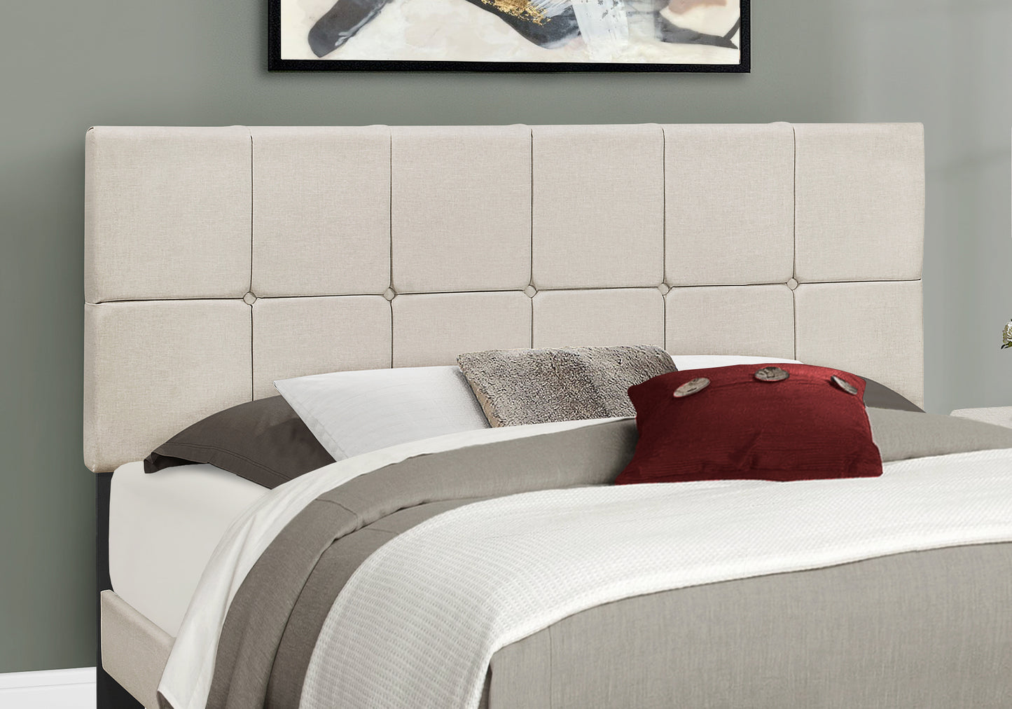 Tufted beige linen headboard with square panels and button accents
