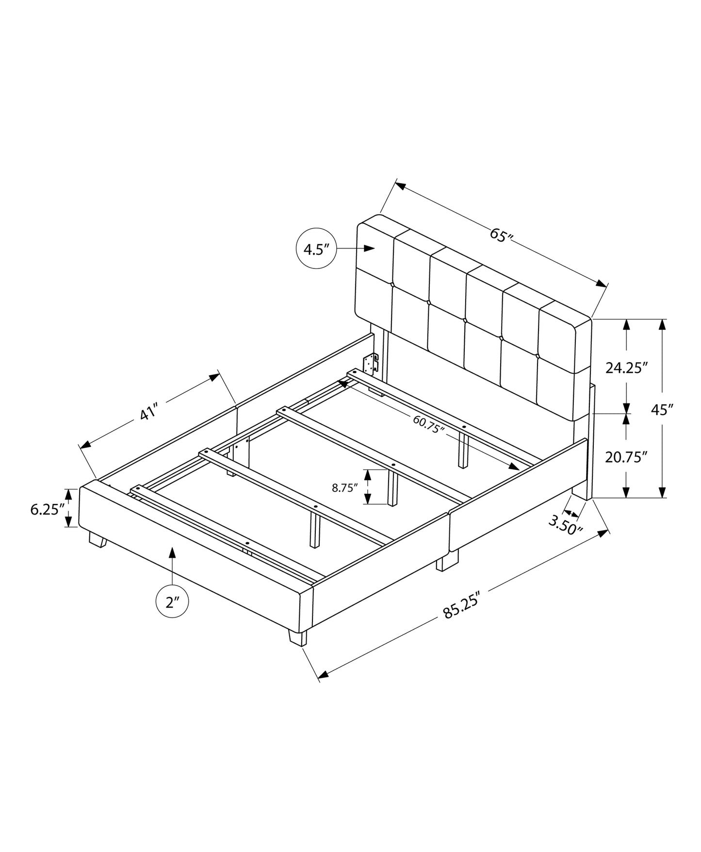 Diagram of a queen size platform bed frame with tufted headboard