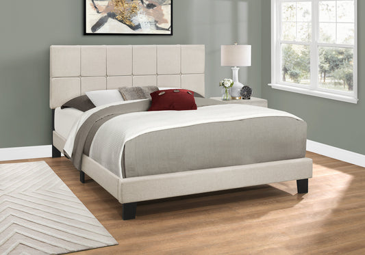 Neutral beige upholstered queen bed with tufted headboard