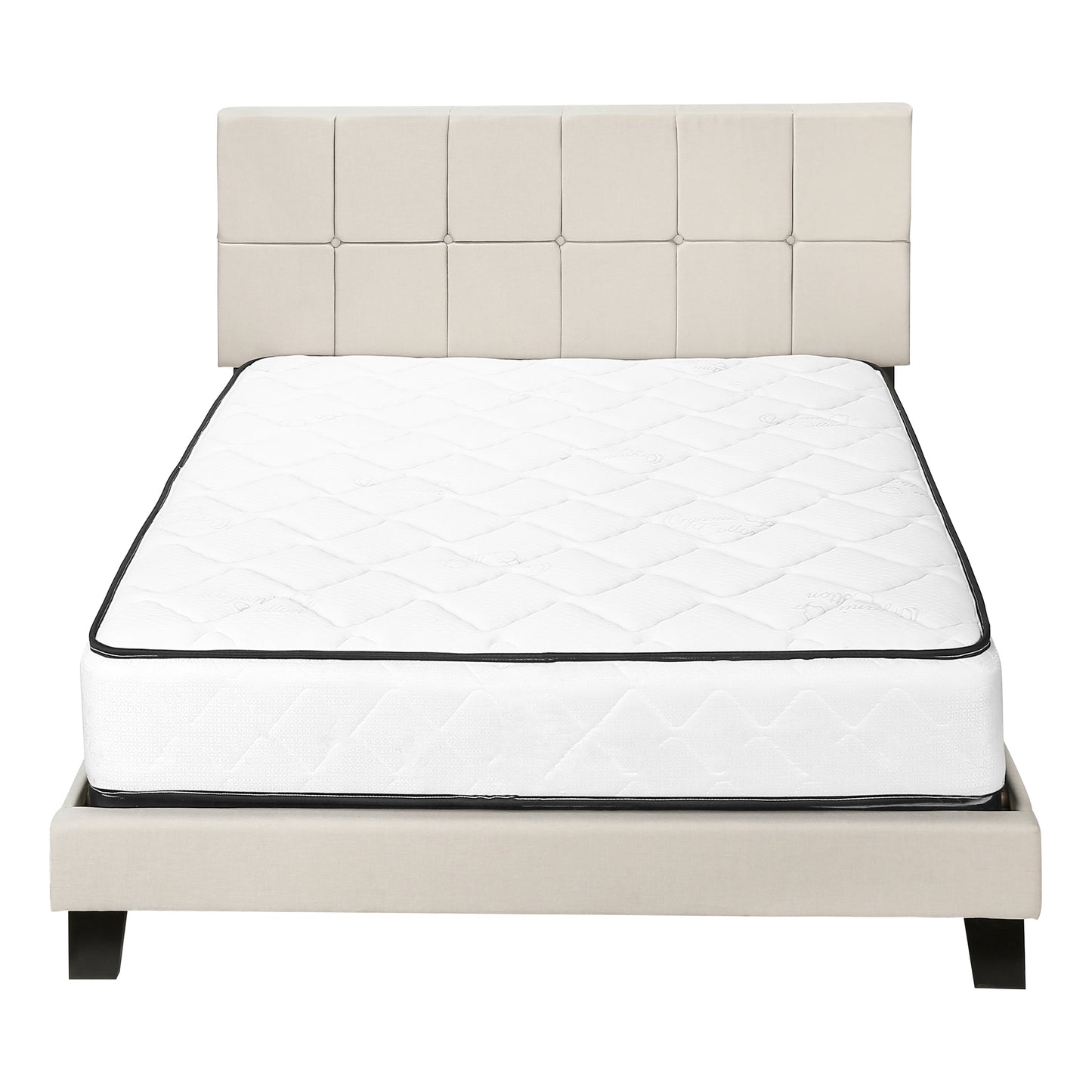 Tufted beige upholstered bed frame with a quilted white mattress queen size