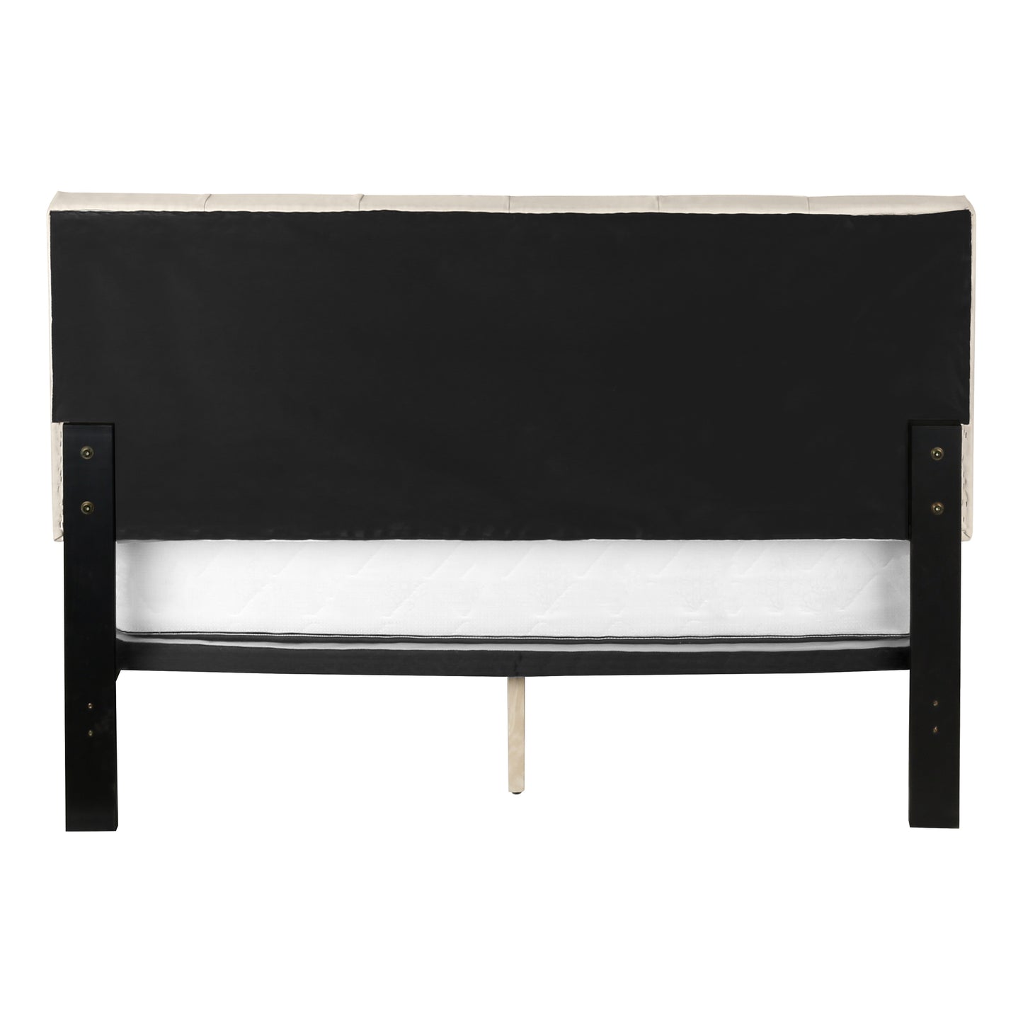 Cream upholstered headboard with tufted detailing and black side supports