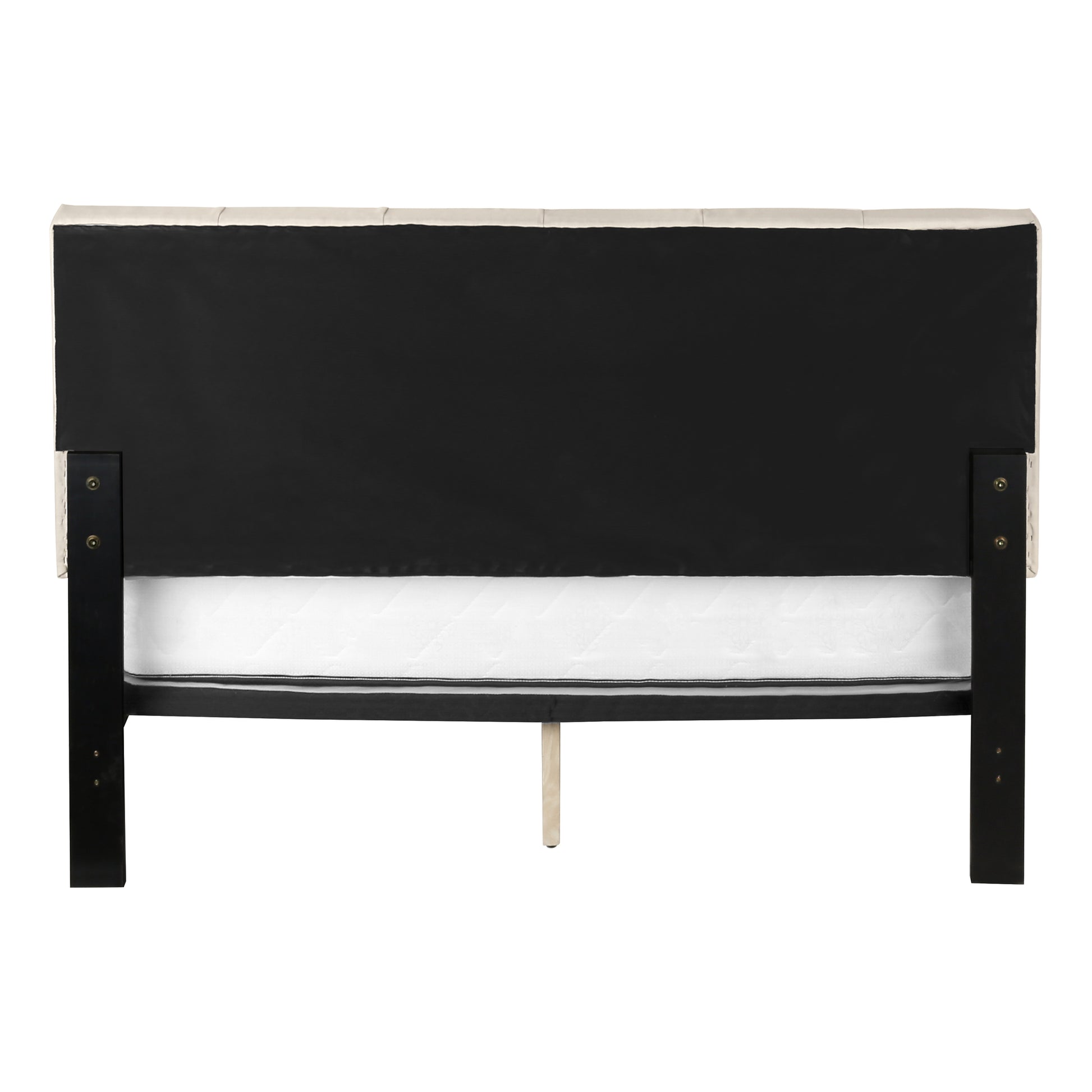 Cream upholstered headboard with tufted detailing and black side supports