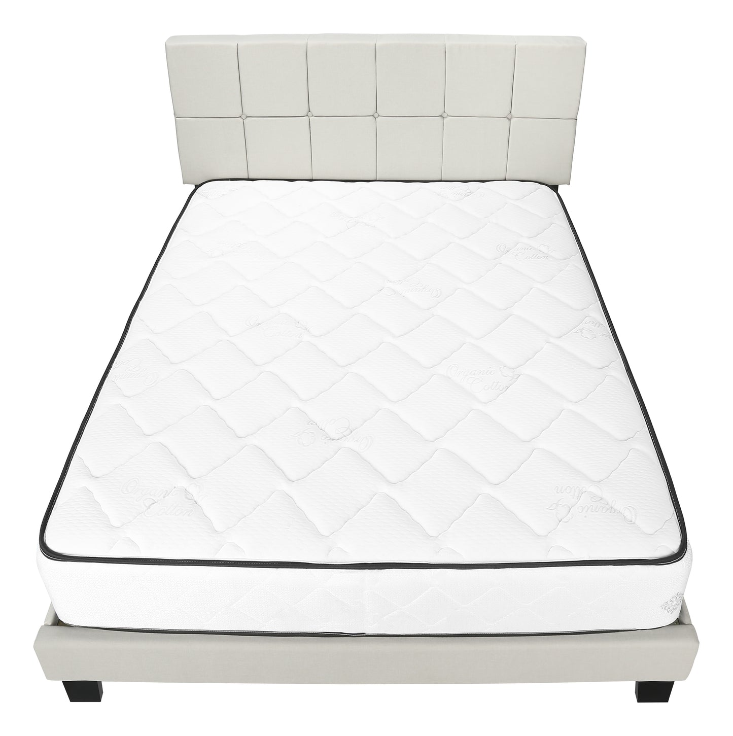 White queen size mattress on a light grey upholstered bed frame with a tufted headboard