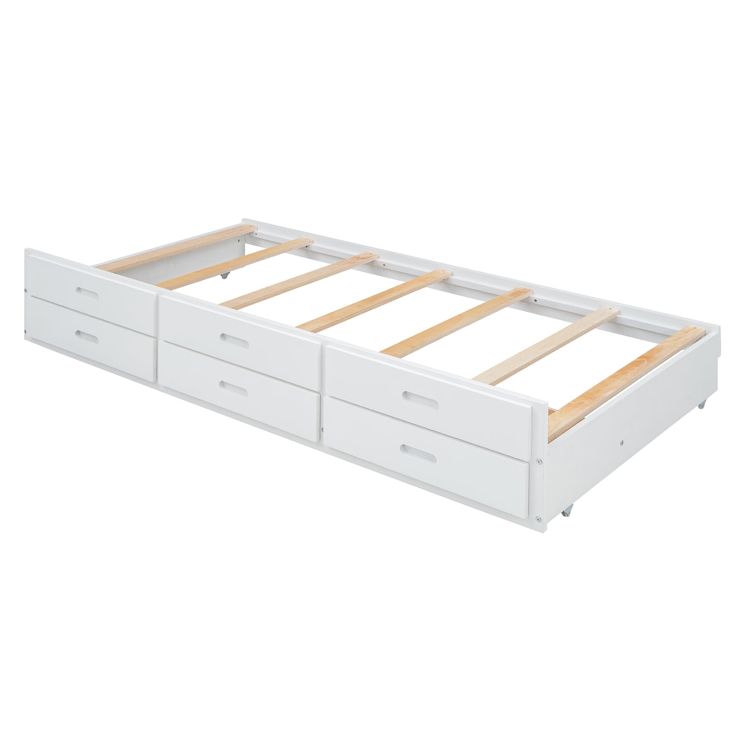 White twin bed frame with six drawers and wooden slats