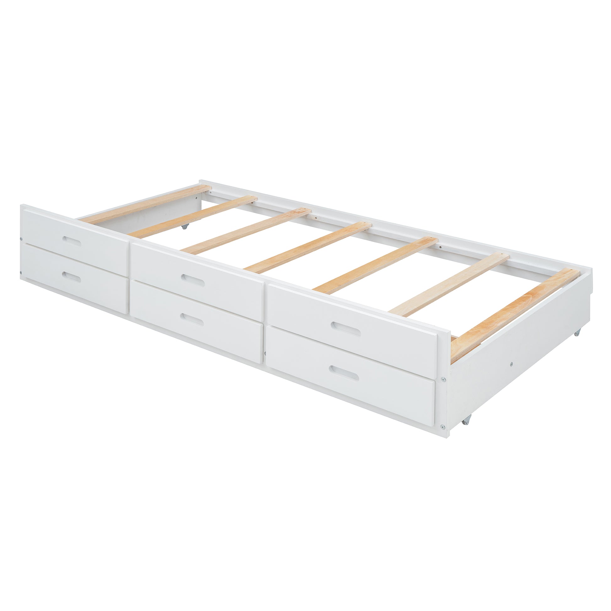 White twin bed frame with six drawers and wooden slats