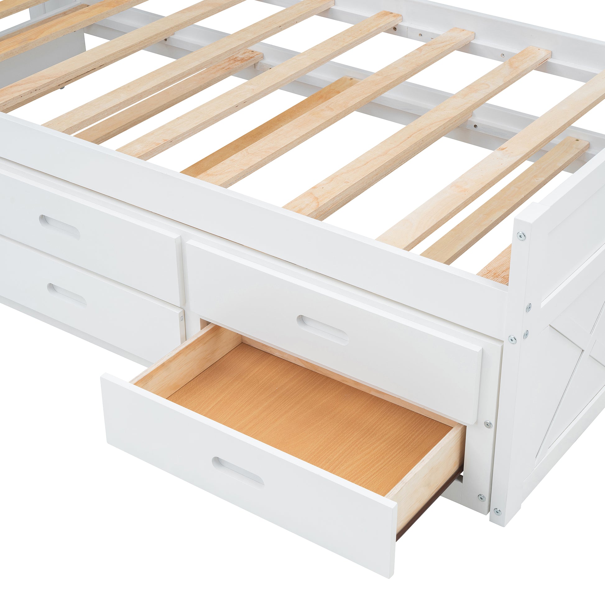 White wooden twin bed frame with six drawers