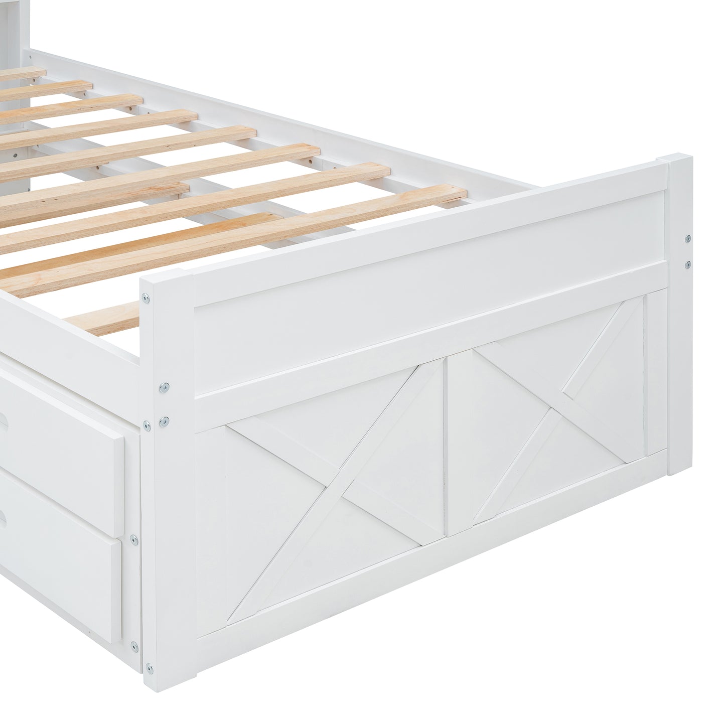 White twin bed frame with Xdesign panels and two drawers