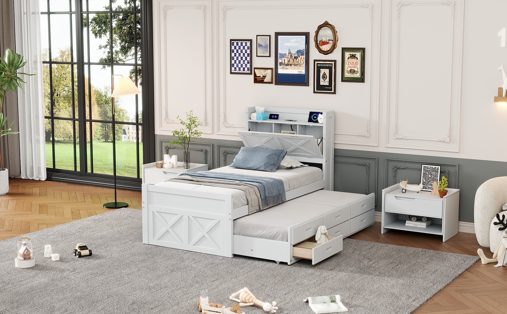 White wooden twin bed with pullout trundle and storage drawers