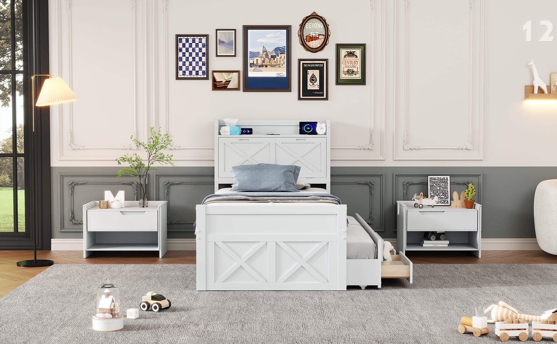 White twin bed frame with storage headboard and pullout trundle