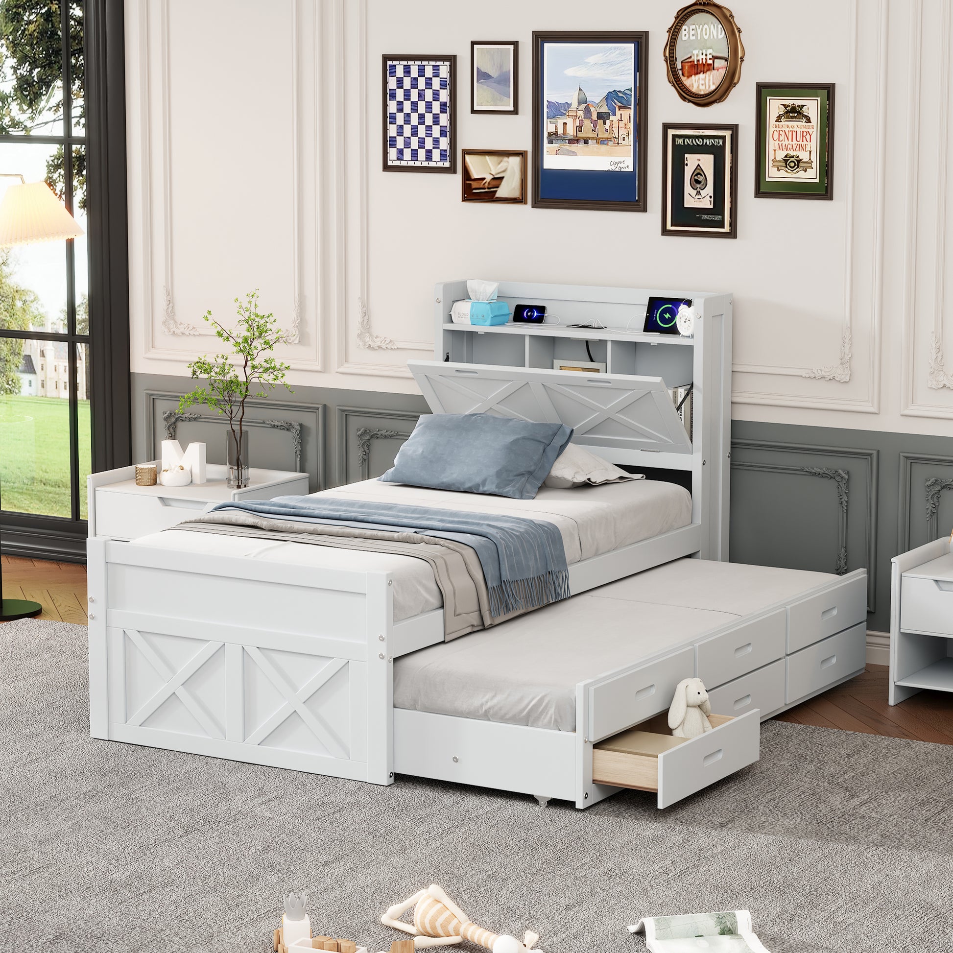 White twin storage bed with pullout trundle
