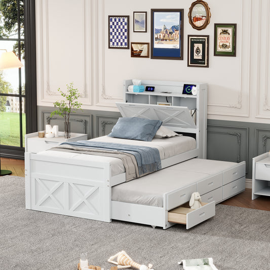 White twin storage bed with pullout trundle