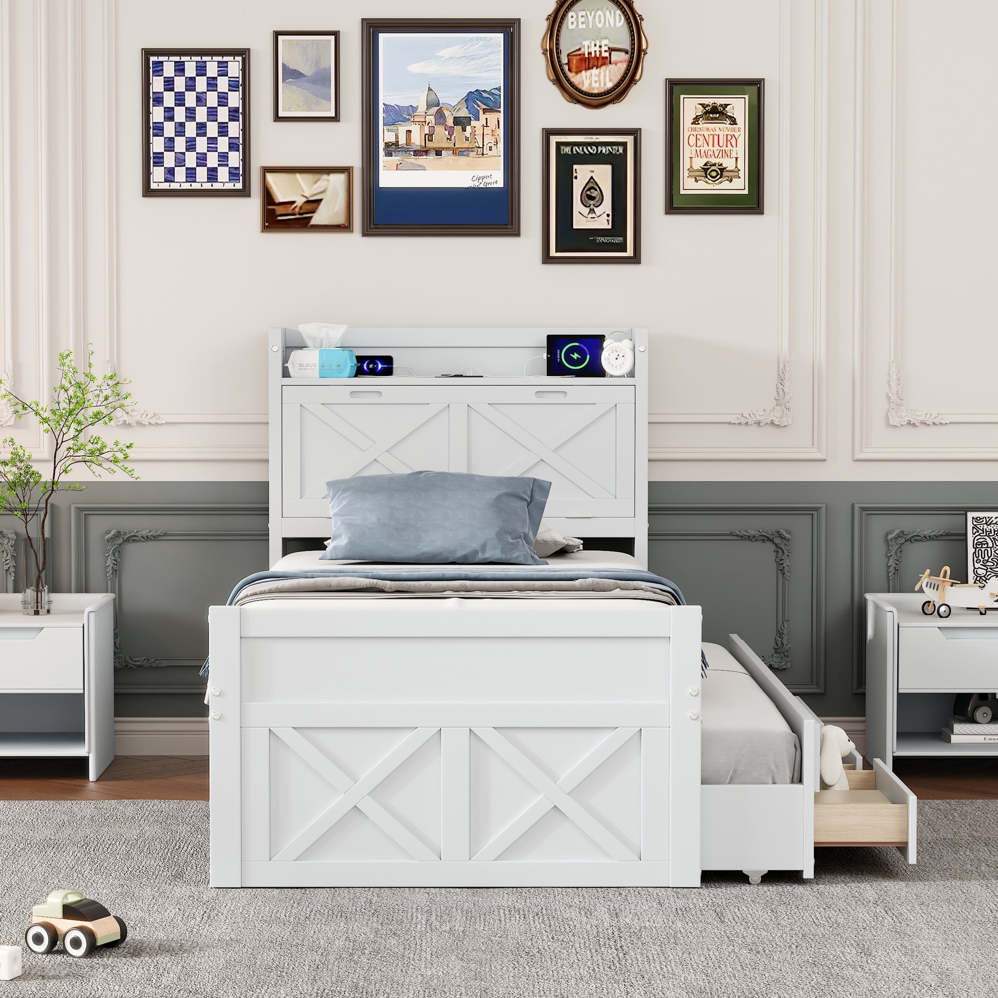 White twin bed frame with integrated headboard shelving
