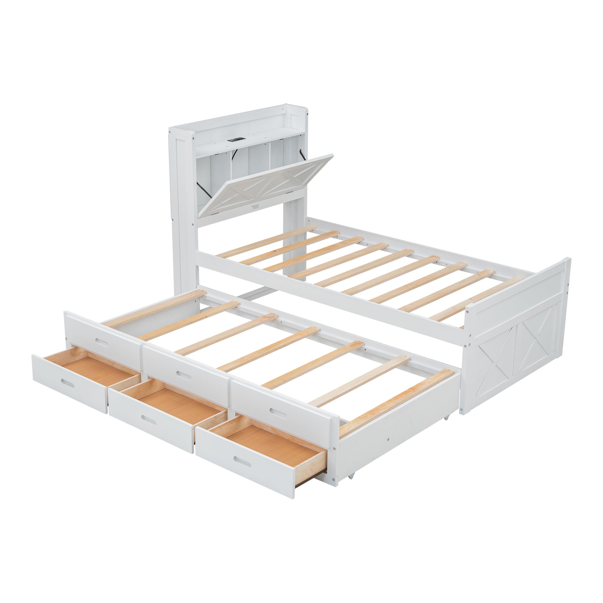White wooden trundle bed with open drawers and slatted frame
