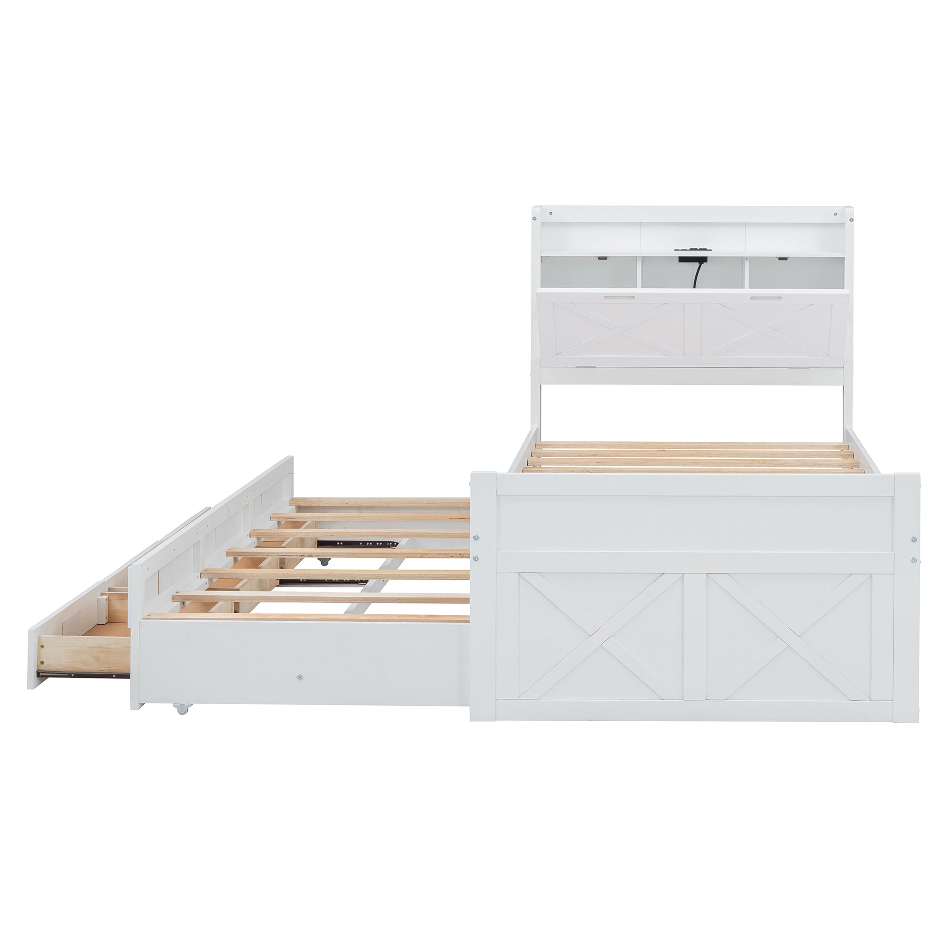 White twin bed frame with pullout trundle and headboard storage