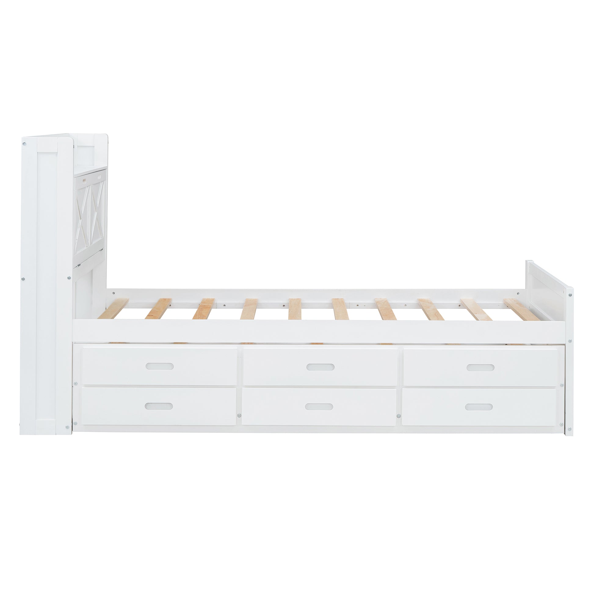 White twin bed frame with six drawers and a crossback headboard