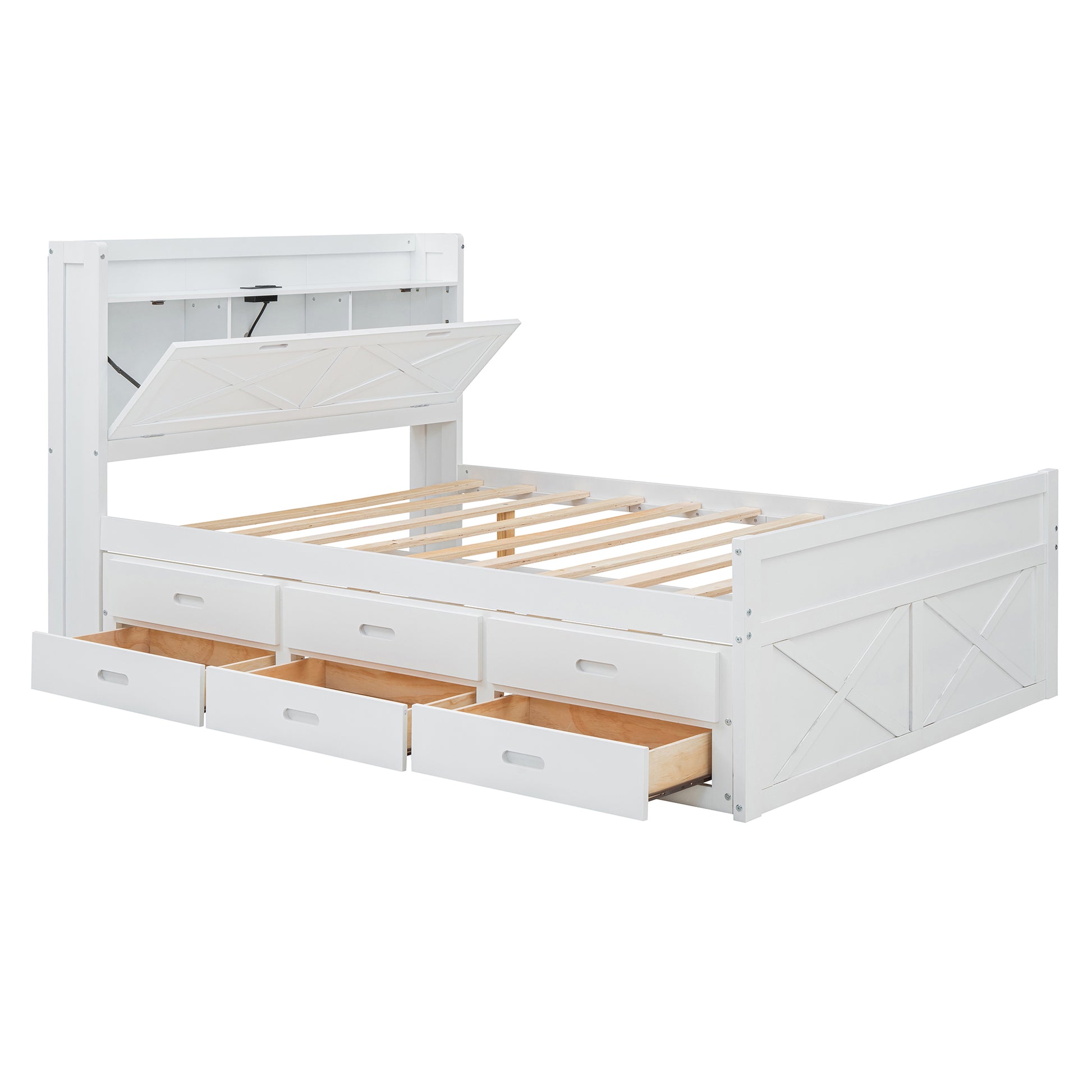 White wooden twin storage bed with six drawers and open headboard compartment