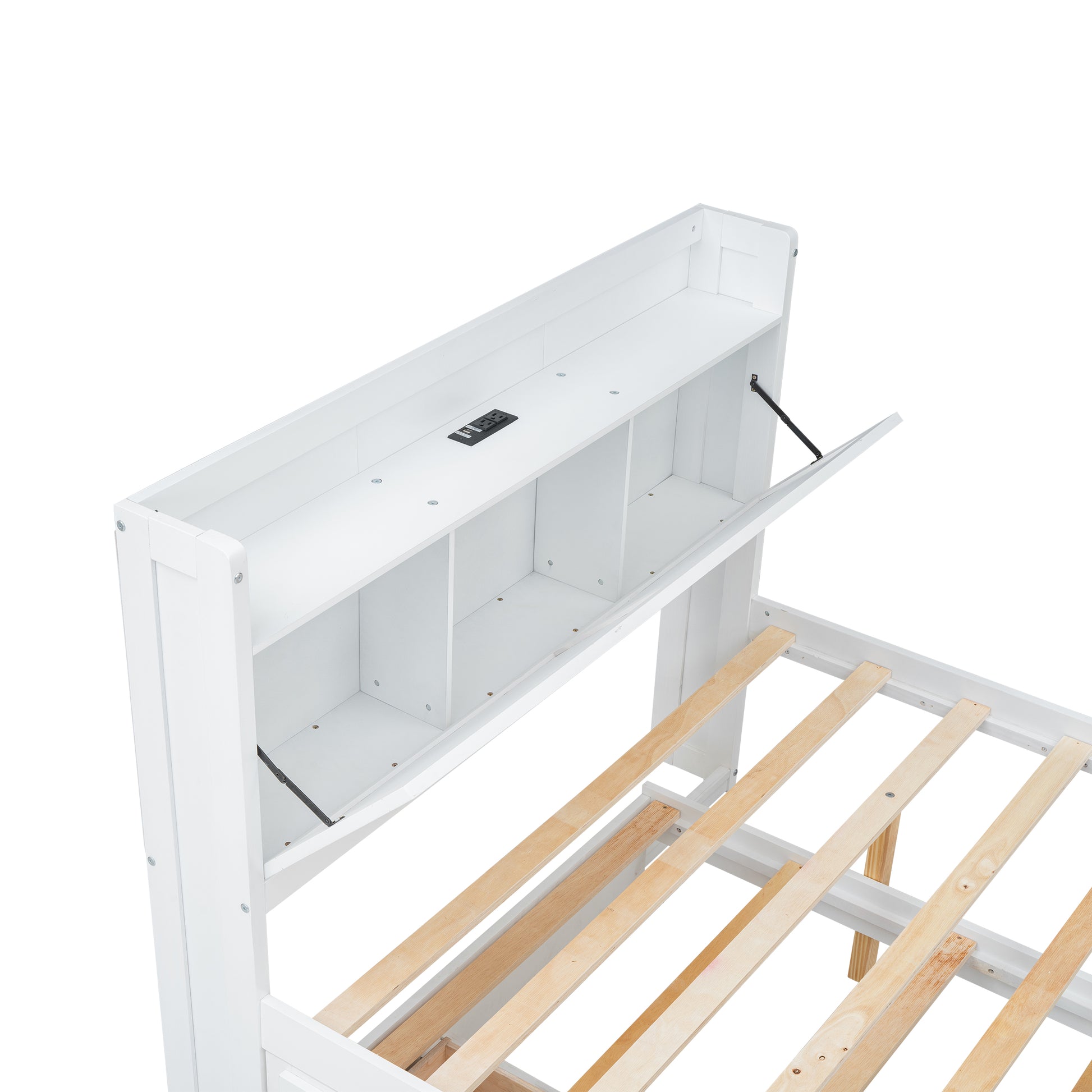 White wooden bed frame with integrated bookshelf headboard and power outlets