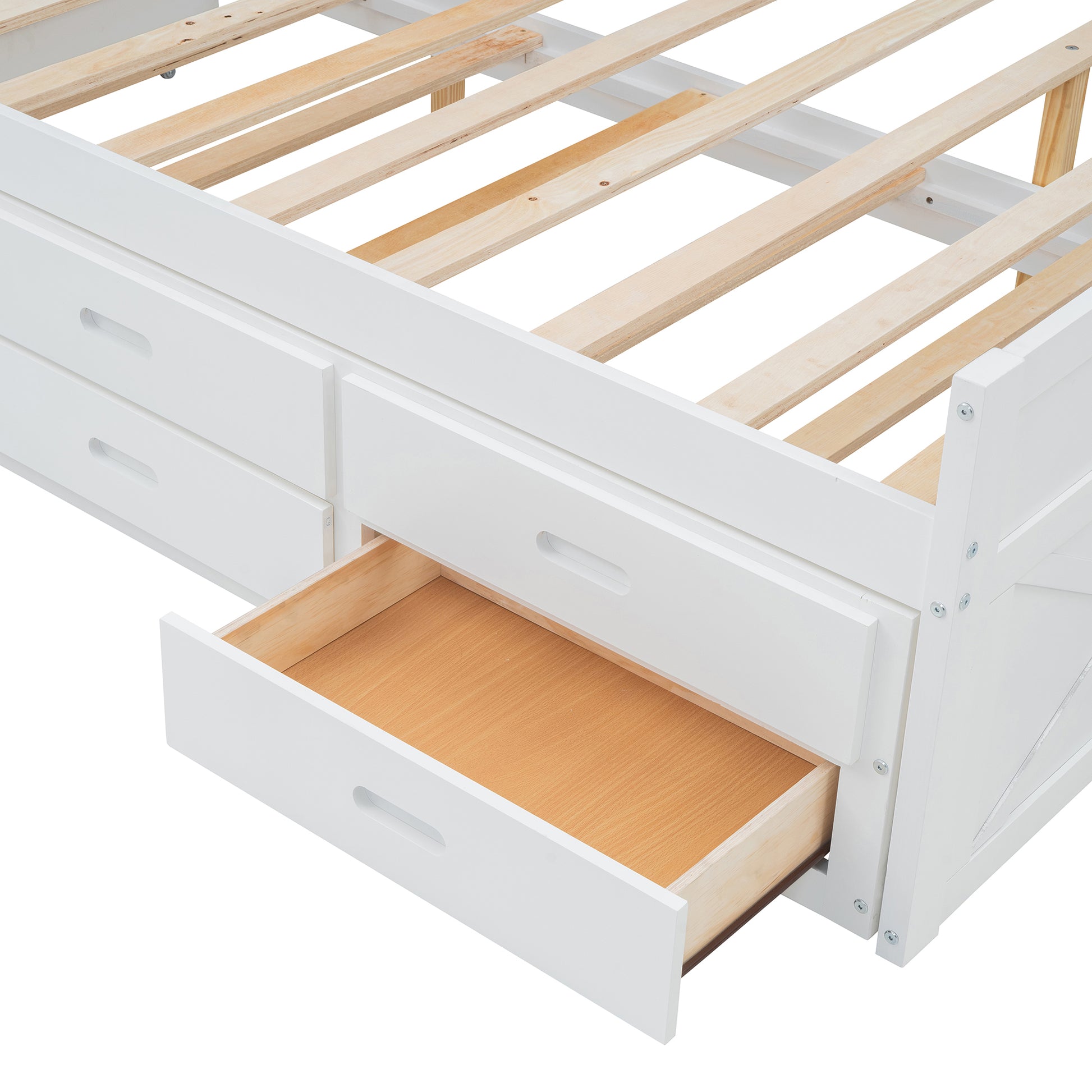 White storage bed frame with open drawer revealing wooden interior