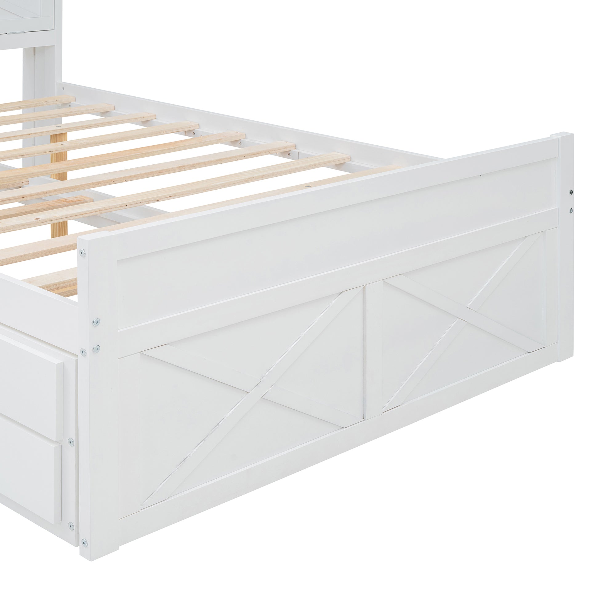 White wooden twin bed frame with drawers and slatted base