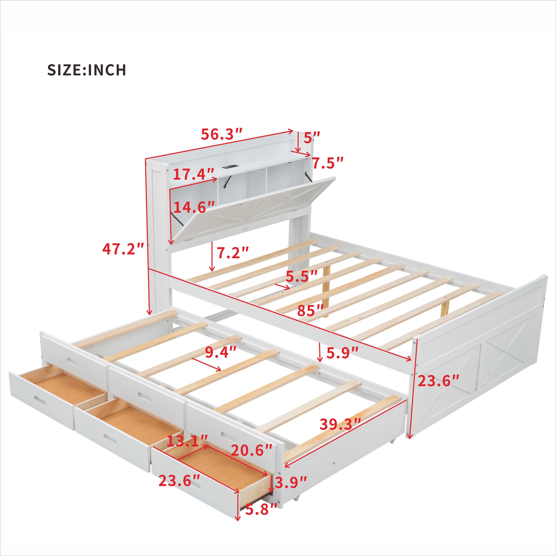 White wooden bed frame with drawers and headboard storage dimensions