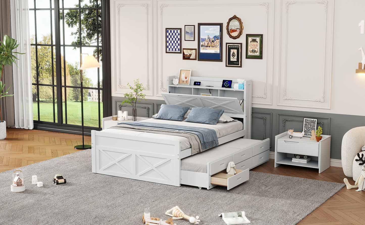 White wood twin bed with trundle and storage headboard