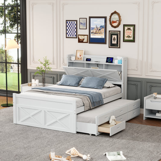 White twin bed with storage drawers and a pullout trundle