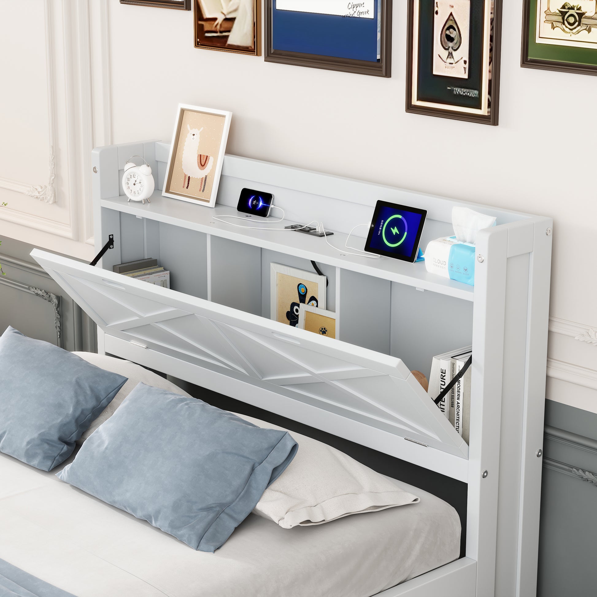 White farmhouse headboard with storage and charging ports