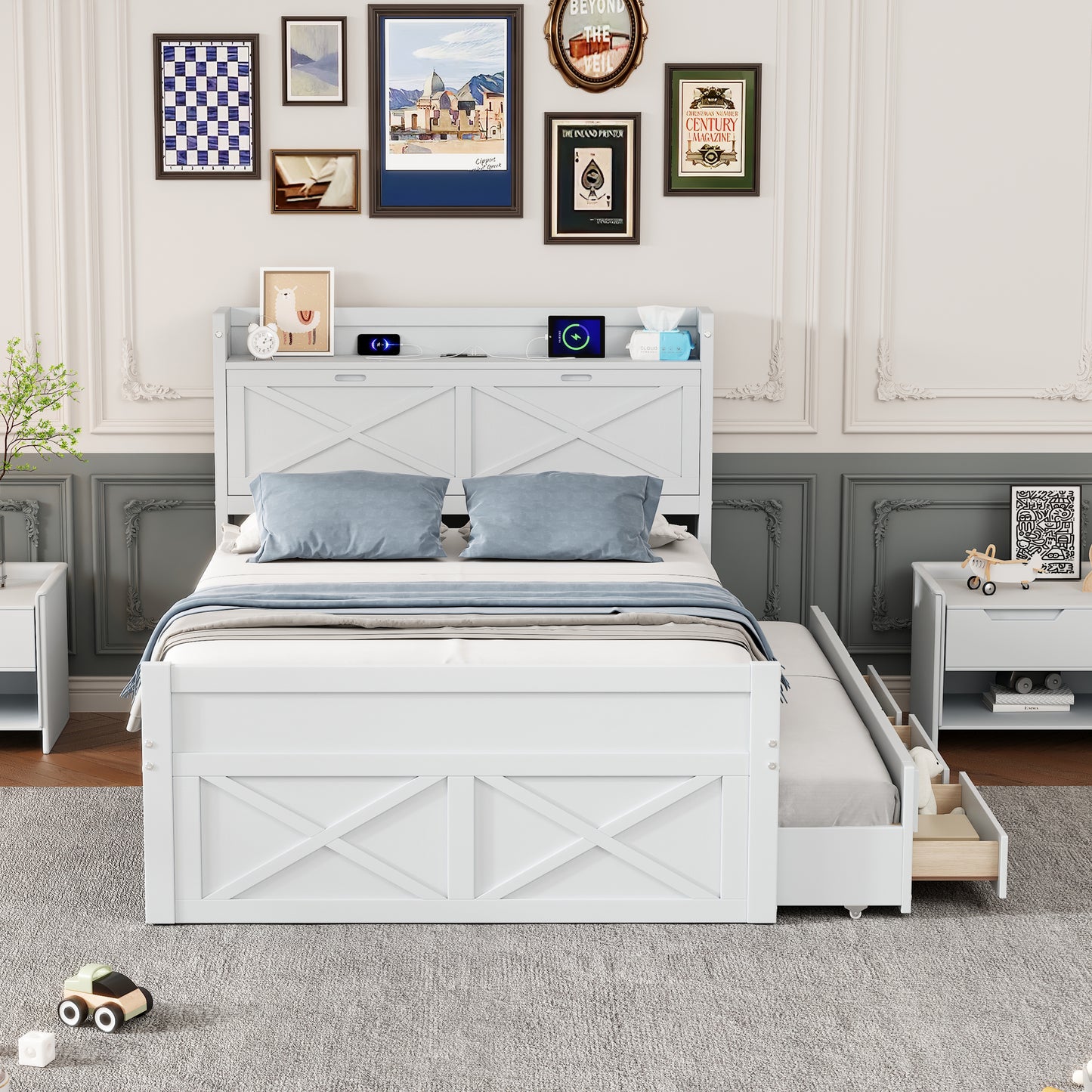 White twin bed with trundle and storage drawers