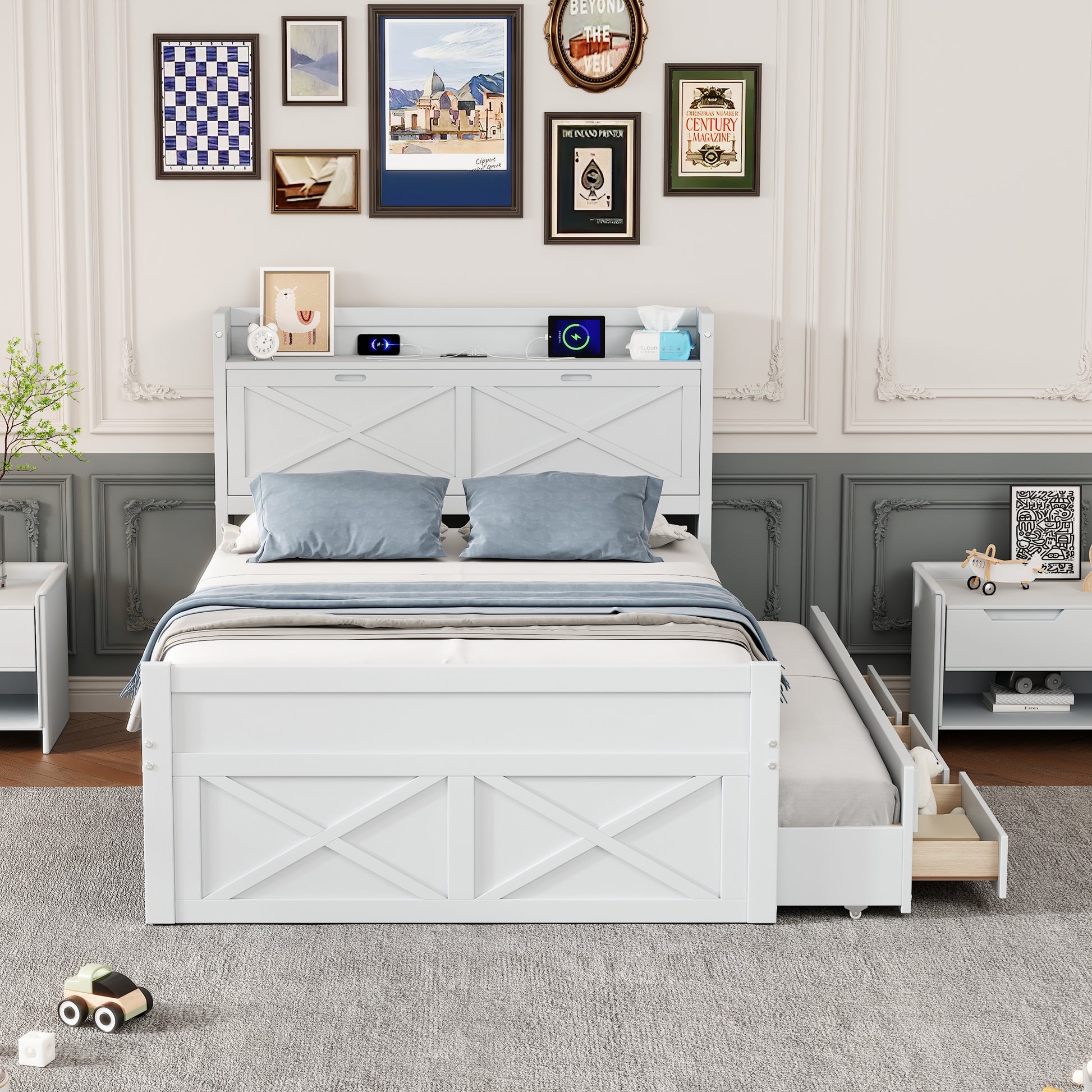 White twin bed with trundle and storage drawers