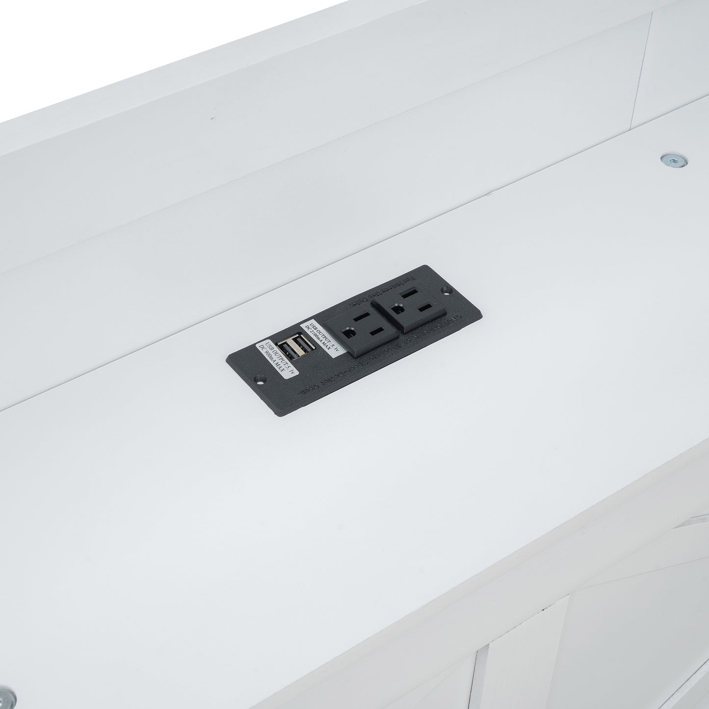 White furniture with integrated power outlet and dual USB charging ports